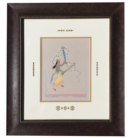 Harrison Begay, Navajo (1917-2012): Mid/Late 1900s, Original watercolor depicting a ceremonial dancer. Matted and framed. With documentation on back. 10" x 8" (21" x 19" framed)