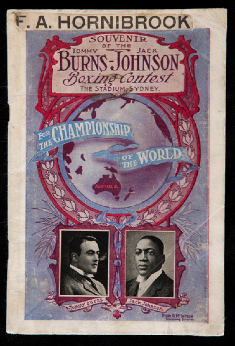A very rare programme for the Tommy Burns v Jack: A very rare programme for the Tommy Burns v Jack Johnson World Heavyweight Championship fight at Sydney Stadium, Australia, 26th December 1908, incomplete, lacking p.23-24 & p.45-46