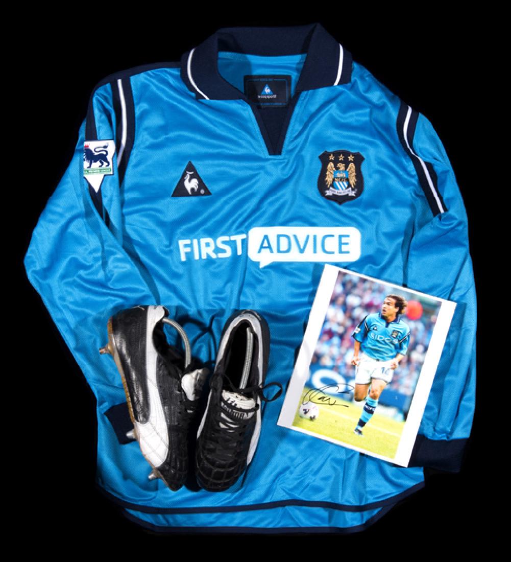 Eyal Berkovic Manchester City jersey, a pair of boots: Eyal Berkovic Manchester City jersey, a pair of boots and a signed photograph, a sky blue Manchester City No.14 match-issued Premier League jersey season 2002-03, long-sleeved, Premier League badges,