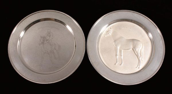 Brigadier Gerard & Dahlia: two silver plates from: Brigadier Gerard & Dahlia: two silver plates from the Crawford & Gilbey Ltd Racehorse of the Year series, for 1972 & 1973, the first designed by Doris Lindner the other by John Skeaping R.A., both dia