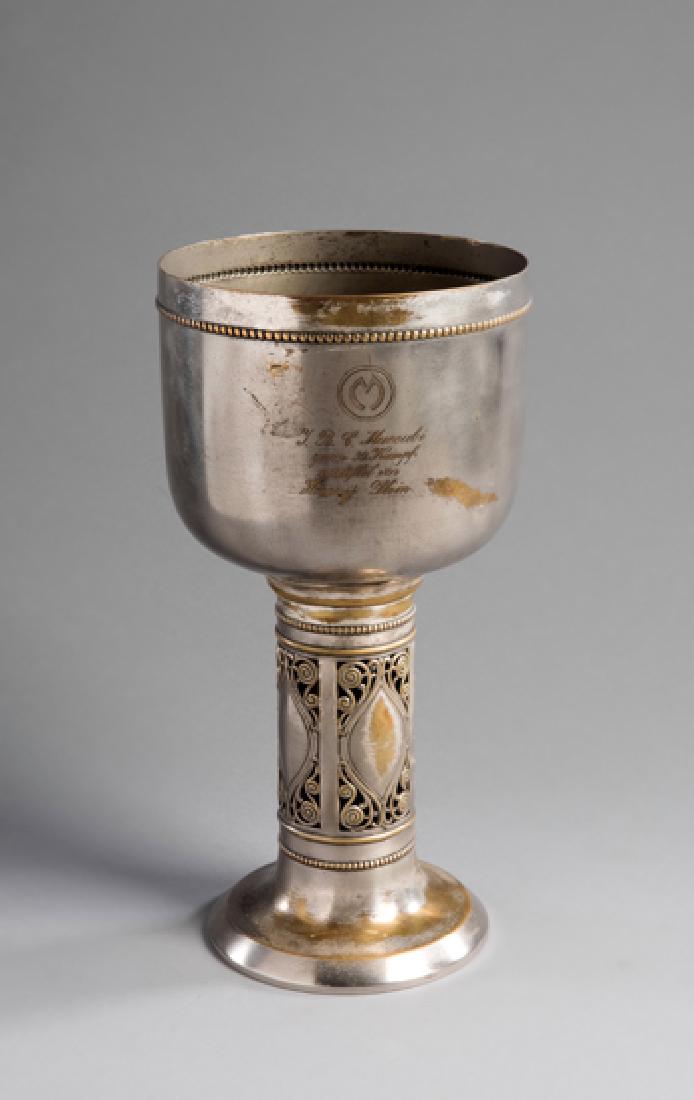 1920s Maccabi Berlin boxing trophy, In the form of a: 1920s Maccabi Berlin boxing trophy, In the form of a WMF (Württembergische Metallwarenfabrik) cup manufactured in silver-plated brass wares designed in the Jugendstil (German Art Nouveau) style, engr