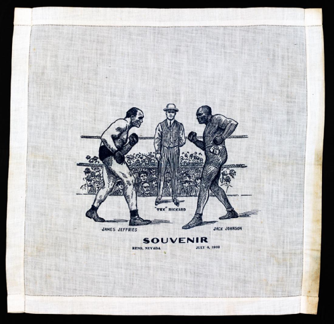 Souvenir of the James Jeffries v Jack Johnson at Reno,: Souvenir of the James Jeffries v Jack Johnson at Reno, Nevada 4th July 1910, in the form of a printed cotton square depicting the fight and also featuring the referee ''Tex'' Rickard, mounted under Pe