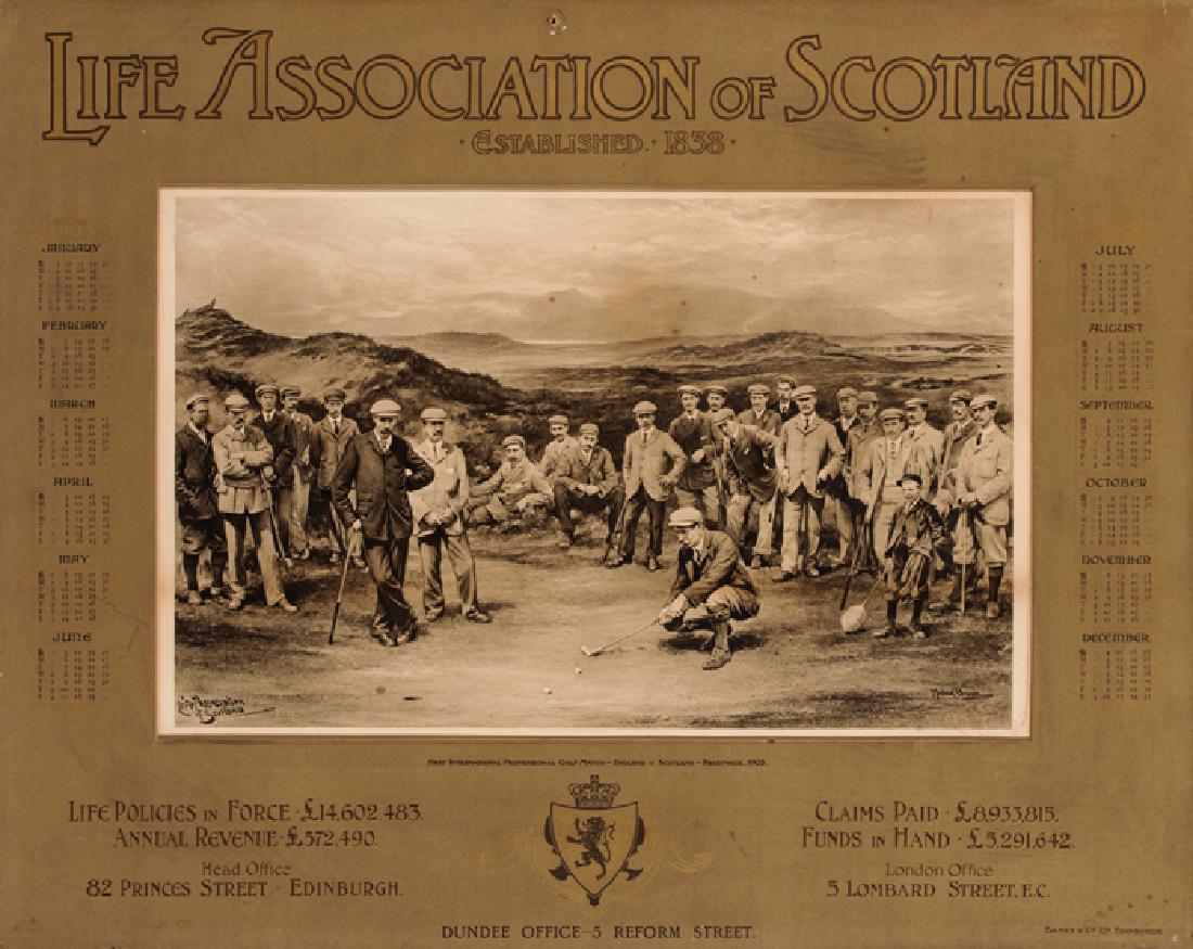 A Michael Brown Life Association of Scotland calendar: A Michael Brown Life Association of Scotland calendar print featuring the first international professional golf match - England v Scotland - Prestwick, 1903, in original calendar matting printed by Ba