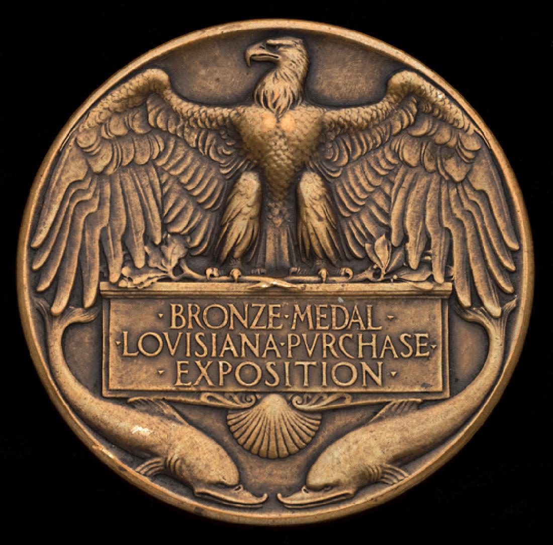 Bronze Medal of the Louisiana Purchase Exposition 1904,: Bronze Medal of the Louisiana Purchase Exposition 1904, Circular, 64mm., by Weinberg, Louisiana cloaking Indian maiden, reverse Eagle with outspread wings on panel with award legend The 1904 Olympic G