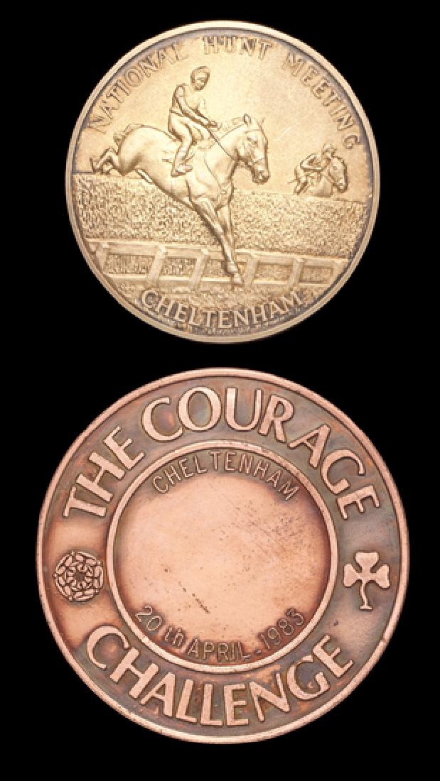 The trainer's prize for the 1980 The Queen Elizabeth: The trainer's prize for the 1980 The Queen Elizabeth The Queen Mother Champion Chase, in the form of a hallmarked silver-gilt medal, suitably inscribed, the obverse with a steeplechasing scene, engrav