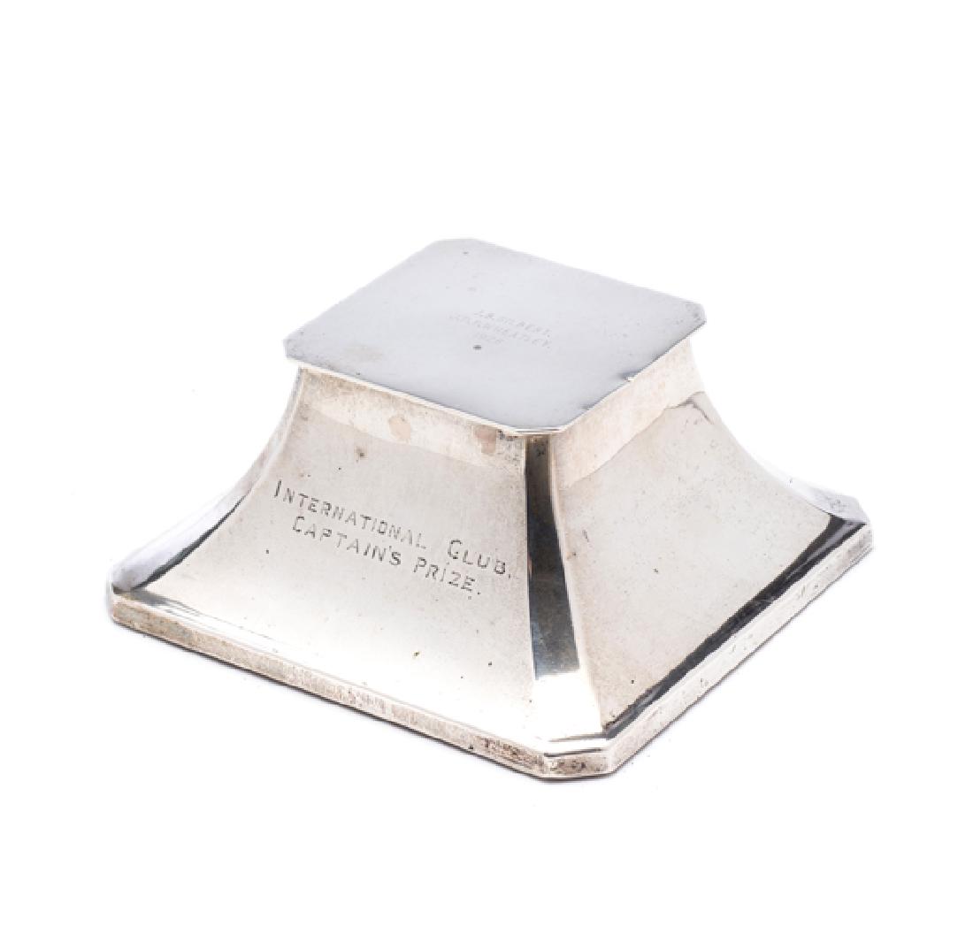 A lawn tennis trophy for the 1928 International Club: A lawn tennis trophy for the 1928 International Club Captain's Prize for the gentlemen's doubles, in the form of a hallmarked silver inkwell, London, 1927, engraved with the names of the winners J.B. 