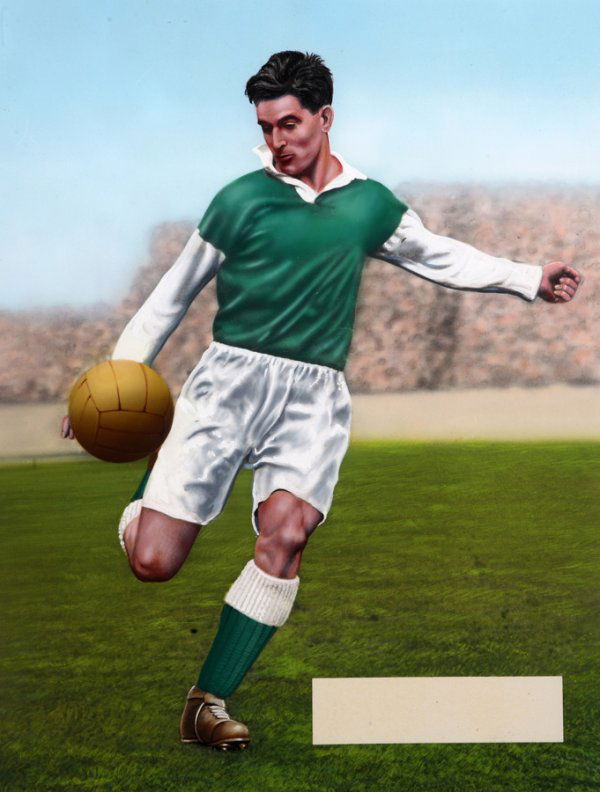 An original artwork portraying Hibernians' Gordon: An original artwork portraying Hibernians' Gordon Smith for the book Football Parade Presented By Stanley Matthews published by Marks & Spencer in 1950, an exquisitely hand coloured photographic print