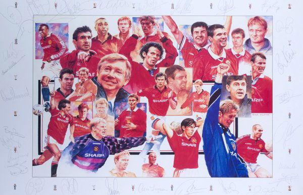 The Ferguson Years: a multi-signed Manchester Unit: The Ferguson Years: a multi-signed Manchester United limited edition print, by the artist Peter Wileman, numbered 347 of 500, the border signed in pencil by depicted Manchester United stars, framed &