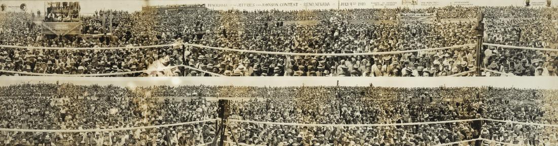 A superb and large panoramic photograph of the crowd: A superb and large panoramic photograph of the crowd scene before the Jack Johnson v Jim Jeffries boxing fight in Reno, Nevada, 4th July 1910, published by J & J Co., San Francisco, 1910, comprising t