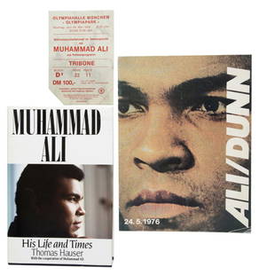 A programme and ticket for the Muhammad Ali v Richard: A programme and ticket for the Muhammad Ali v Richard Dunn fight in Munich 24th May 1976, sold together with an Ali signed Biography by Thomas Hauser (3)