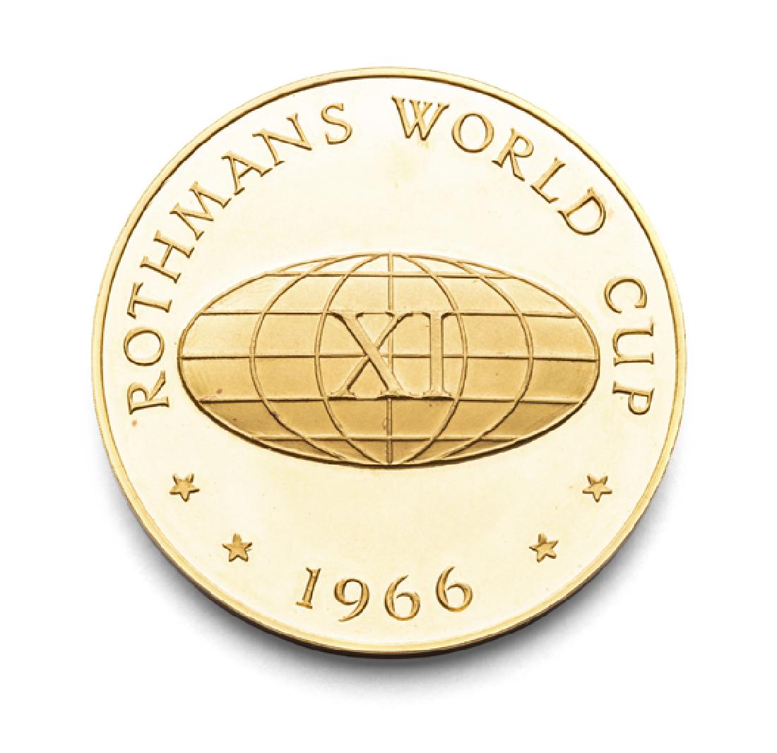 An 18ct gold Rothmans World Cup XI 1966 Champions: An 18ct gold Rothmans World Cup XI 1966 Champions Medallion Presented to the Winners At Lord's Sept 1966, in a fitted Gregory & Nicholas Ltd box, diameter: 50mm, weight: 91.87 gms; hallmarked 18ct