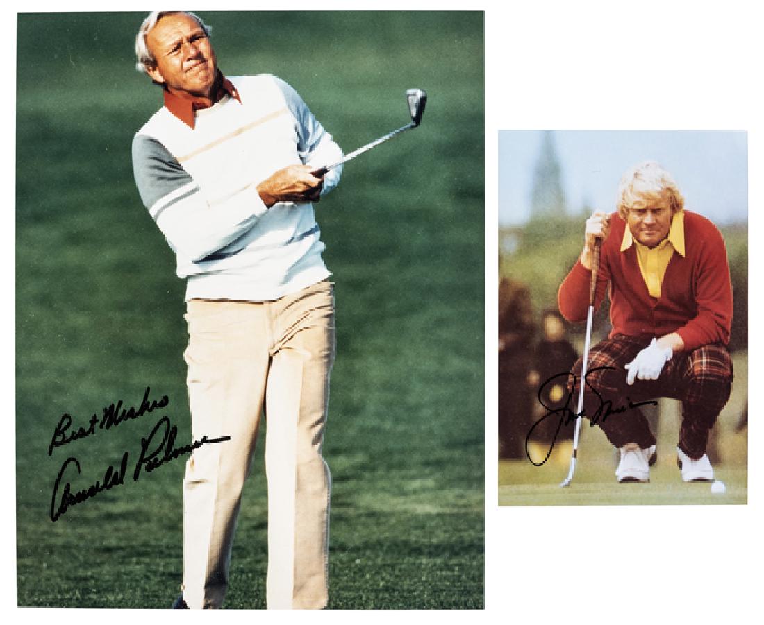 Jack Nicklaus and Arnold Palmer signed colour: Jack Nicklaus and Arnold Palmer signed colour photographs, both signed in black marker pen, mounted, framed & glazed (2)