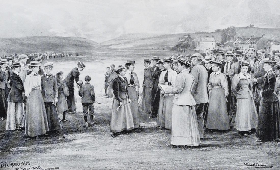 A Michael Brown Life Association Calendar print of The: A Michael Brown Life Association Calendar print of The Ladies' Golf Championship at Gullane in 1897, monochrome, the image 23 by 37cm., mounted, framed & glazed 35 by 59cm., good condition; sold with