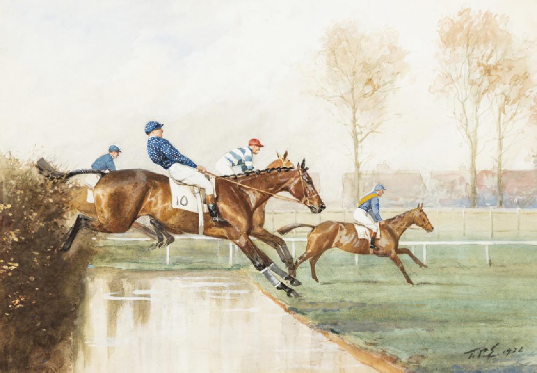A watercolour by Thomas Percy Earl (British, 1874-1947): A watercolour by Thomas Percy Earl (British, 1874-1947) of a steeplechase, signed with initials and dated 1922, heightened with gouache, the image 23.5 by 34cm. depicting a quartet of steeplechasers &