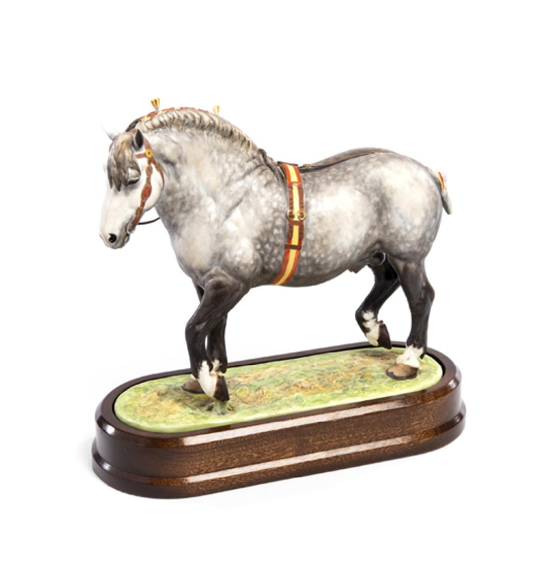 A Limited Edition Royal Worcester Percheron Stallion: A Limited Edition Royal Worcester Percheron Stallion figure by Doris Lindner, circa 1966 modelled trotting on a grassy base, raised upon a walnut oval plinth base, bears factory marks and facsmilie si
