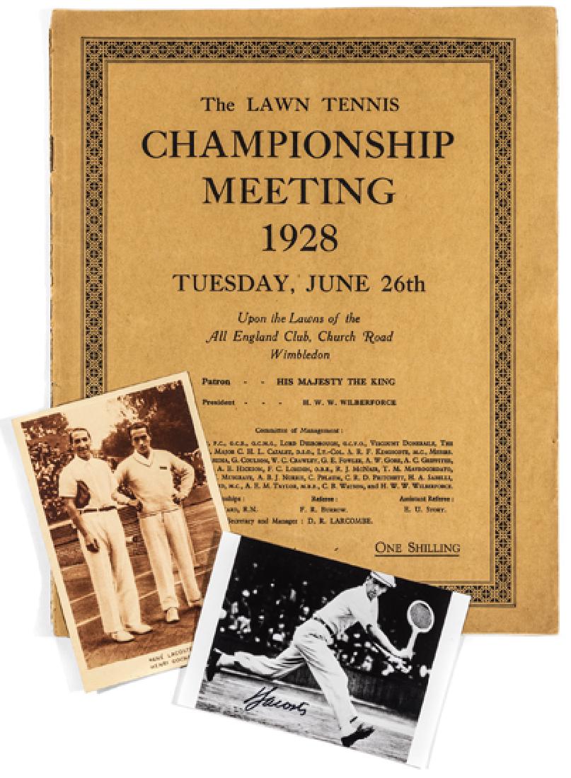 Wimbldeon Championship Meeting Tuesday June 26th 1928: Wimbldeon Championship Meeting Tuesday June 26th 1928 Programme, sold together with a signed action photograph of Rene Lacoste, signed in black marker pen and a postcard of the two finalists Rene Laco