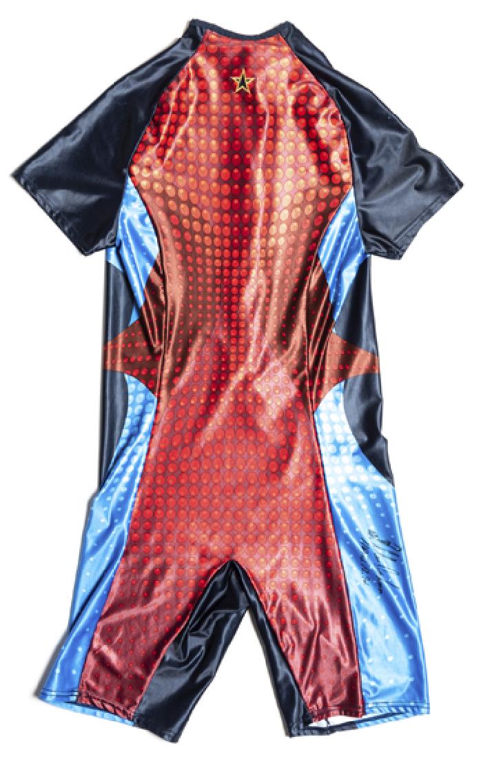 Allen Johnson signed USA athletics team one-piece: Allen Johnson signed USA athletics team one-piece running suit used at the Sydney 2000 Olympic Games, two-tone blue and red back portion, the back of a leg signed by Johnson and inscribed 110m HURDLES