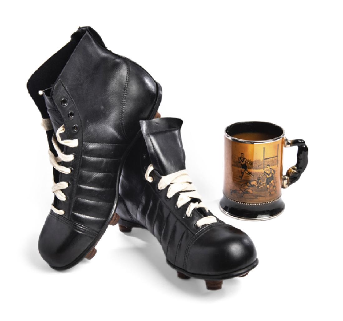 A fine pair of unused black 'Pentagon' rugby boots: A fine pair of unused black 'Pentagon' rugby boots circa 1930, complete with original lacing and in outstanding condition overall; sold together with a Royal Bradwell Arthur Wood Sports Series pint ta