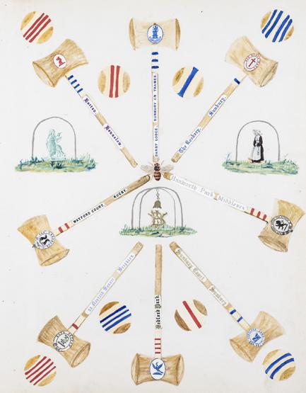 CROQUET: A 19th century watercolour on paper with collage of cuttings from Country House notepaper including crests and mottos, mounted in a gilt frame, total frame, 34.6 by 28.7cm. Bee above monogram and Bedf
