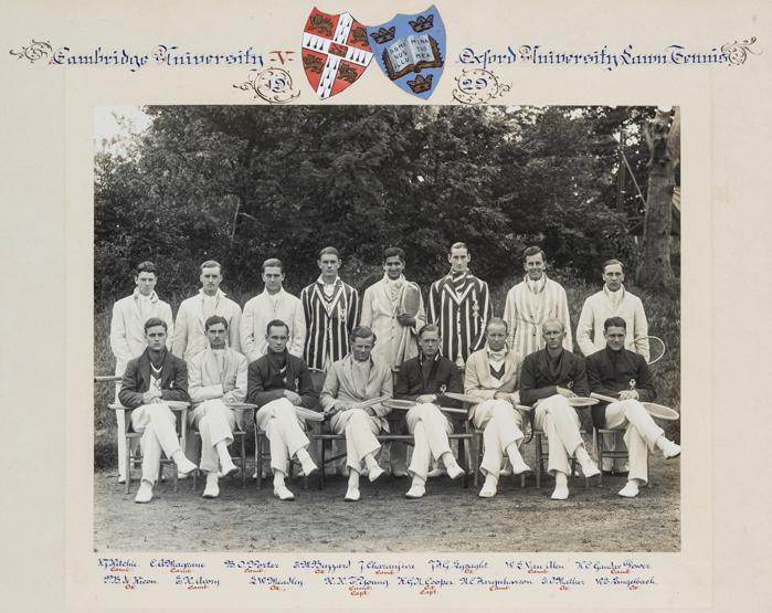 TENNIS & RACQUET SPORTS: Framed photograph of the Cambridge v Oxford varsity lawn tennis teams in 1929, the teams including some famous players, R J Ritchie, W S Van Alen & K C Gandar Dower, hand illumination and legend to mo