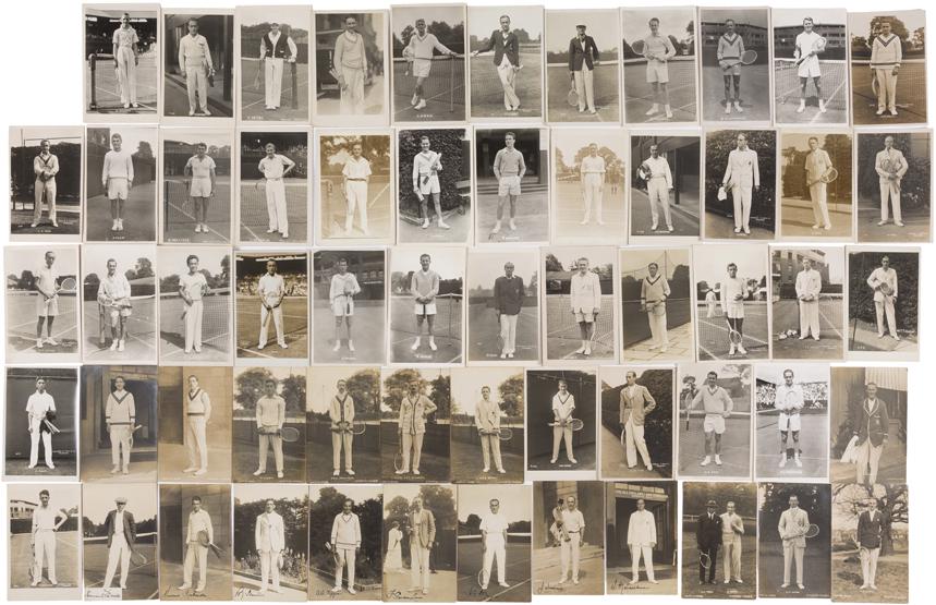 TENNIS & RACQUET SPORTS: A collection of b&w postcards of tennis legends published by E. Trim & Co & Chaplin Jones, including Nunoi, Spence, Kingscote, Crole, Rees, Okamoto, Feret, Lacoste, Anderson, Tilden, Sturgess, Wilson,