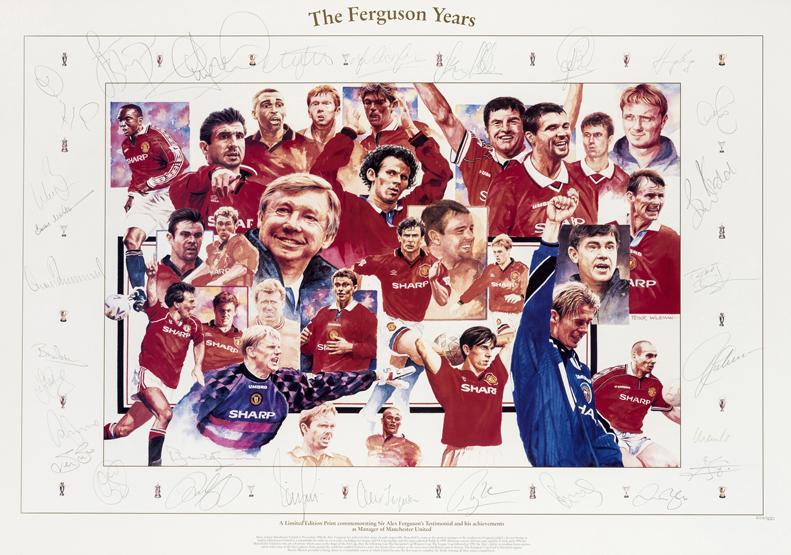 FOOTBALL (SOCCER): ''The Ferguson Years'' an autographed Manchester United limited edition print, artwork by Peter Wileman, numbered 232/500, produced during Sir Alex Ferguson's Testimonial Year, multi-signed in pencil