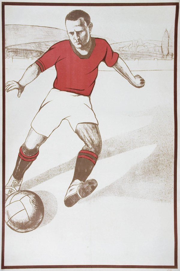 A large lithographic poster of a footballer wearin