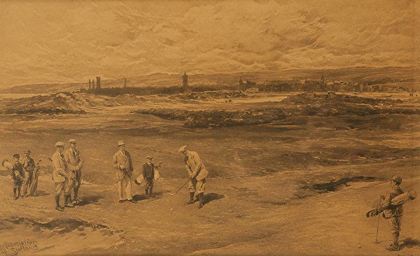 After Michael Brown ST ANDREWS, HIGH HOLE an en gr: After Michael Brown ST ANDREWS, HIGH HOLE an en grissaile Life Association of Scotland calendar print, in good condition, framed & glazed, overall size 37 by 51cm., 14 1/2 by 20in.