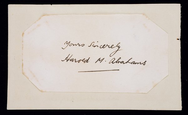 The autograph of Harold Abrahams, a cut signature,