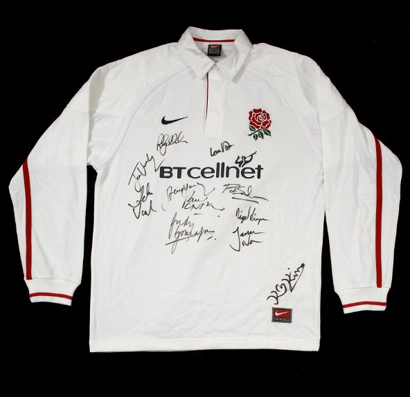 A signed white England 2000 Hong Kong Sevens shir