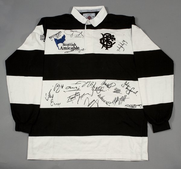 A squad-signed black & white hooped Barbarians sh