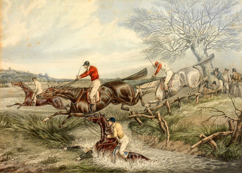 After Henry Alken FORES' STEEPLECHASE SCENES, engra: After Henry Alken FORES' STEEPLECHASE SCENES, engraved by J. Harris, four from an original set of six (lacking 1 & 6, start & finish), published 1848, framed & glazed, overall 47 by 57cm.,18 1/2 by 22