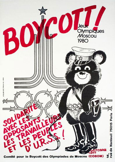 A rare French political poster 'Boycott the [1980]: A rare French political poster 'Boycott the [1980] Moscow Games', issued by COBOM based in Paris, the design featuring the 1980 Olympic Games mascot Misha the Bear wearing jack boots, and with the Oly