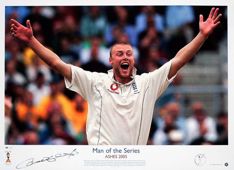 A pair of signed 2005 Ashes Series photographic pr: A pair of signed 2005 Ashes Series photographic prints of Michael Vaughan (captain) and Andrew Flintoff (man of the series), issued by Big Blue Tube, both with a COA, 42 by 59cm., 16 1/2 by 23in., tub