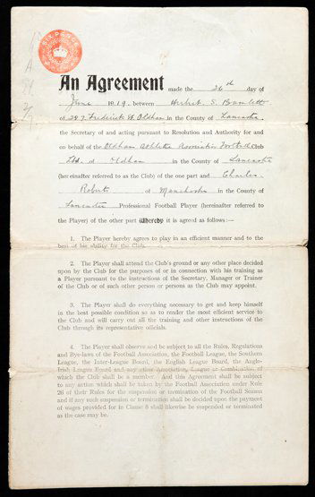 Charlie Roberts's final playing career contract, with: Charlie Roberts's final playing career contract, with Oldham Athletic for season 1919-20, for wages of 9 per week, signed by Roberts Provenance: By family descent.
