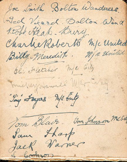 A football autograph album circa 1919-20, autographs: A football autograph album circa 1919-20, autographs collected in the Manchester area, with individual players including Joe Smith, Ted Vizard, Charlie Roberts, Billy Meredith, Eli Fletcher, Tommy Joh