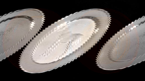 Brigadier Gerard & Dahlia: two silver plates from: Brigadier Gerard & Dahlia: two silver plates from the Crawford & Gilbey Ltd Racehorse of the Year series, for 1972 & 1973, the first designed by Doris Lindner the other by John Skeaping R.A., both dia