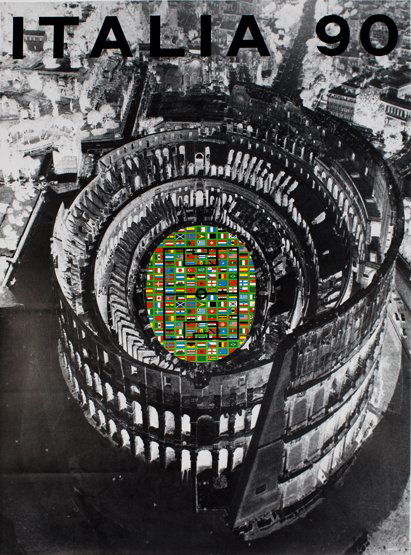 A group of five official posters for the 1990 World: A group of five official posters for the 1990 World Cup, designed by Alberto Burri and with six variations to the pitch colour inside the Coliseum, black pitch/black background, red pitch/green backgr