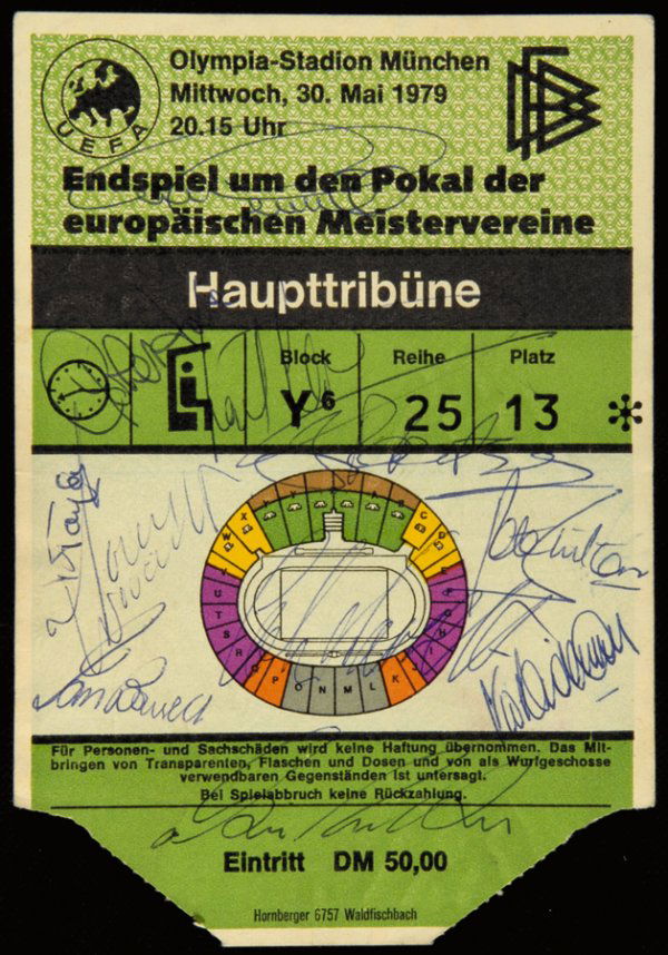 A Nottingham Forest team-signed 1979 European Cup: A Nottingham Forest team-signed 1979 European Cup final ticket, for the Olympic Stadium, Munich, 30th May, signed both sides in pen by the Forest team; sold with an associated Aer Lingus ticket issued