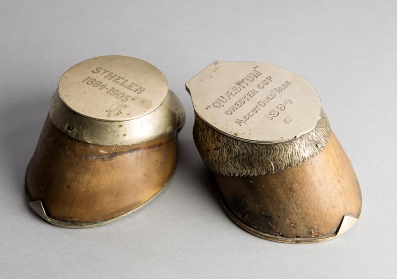 Hoof of ''Quaesitum'' winner of the Chester Cup and the: Hoof of ''Quaesitum'' winner of the Chester Cup and the Ascot Gold Vase in 1894, converted as an ink well with the lid inscribed as above, lacking hinge pin; and another preserved hoof for St HELEN, 1