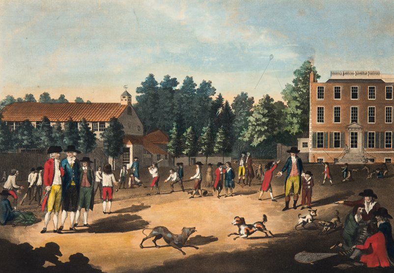 After John Walker THE BACK VIEW OF SALVADORE HOUSE: After John Walker THE BACK VIEW OF SALVADORE HOUSE ACADEMY TOOTING SURRY [sic], coloured aquatint by Francis Jukes, featuring the boys playing cricket, published R. Wilkinson, London, 1787