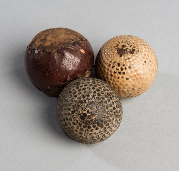A Halley's rubber-core bramble ball circa 1912, in fair: A Halley's rubber-core bramble ball circa 1912, in fair condition; sold together with a F.H. Ayres Vaile bramble rubber-core ball; and an interesting practice ball made from strips of cloth and leathe