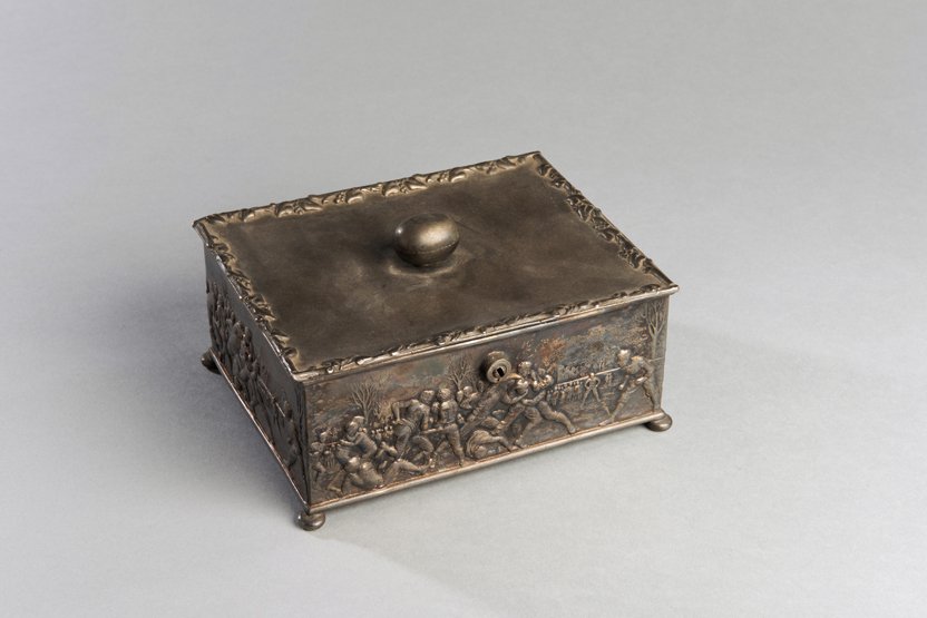 Victorian metalware box with rugby decoration, embossed (1 of 1)
