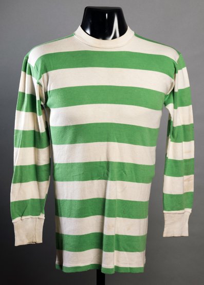 Jimmy Johnstone green & white hooped Celtic jersey: Jimmy Johnstone green & white hooped Celtic jersey season 1966-67, long-sleeved; sold with a small hand-written note recording that Jimmy Johnstone gave this jersey to the Welsh entertainer Stan Stenn