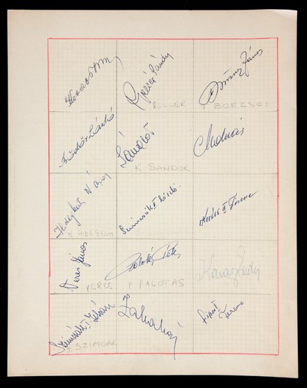 Red Banner (Hungary) football autographs 1950s, signed: Red Banner (Hungary) football autographs 1950s, signed into squares drawn on graph paper in ink, Kovacs, Lantos, Hidegkuti, Palotas, Geller, Norzsei, Szimcak etc.
