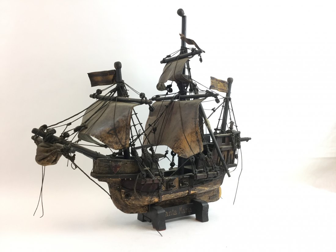 Vintage Wooden & Leather Santa Maria Model Ship