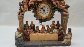 THE LAST SUPPER CLOCK: THIS IS AN AMAZING PIECE OF DECORATIVE ARTS THAT WOULD LOOK LOVEY EITHER ON A SHELF, STAND, OR NIGHT STAND. YOU CAN NOTICE THE GREAT DETAIL THE ARTIST PUT INTO THIS FIGURINE CLOCK. HAPPY BIDDING EVERY