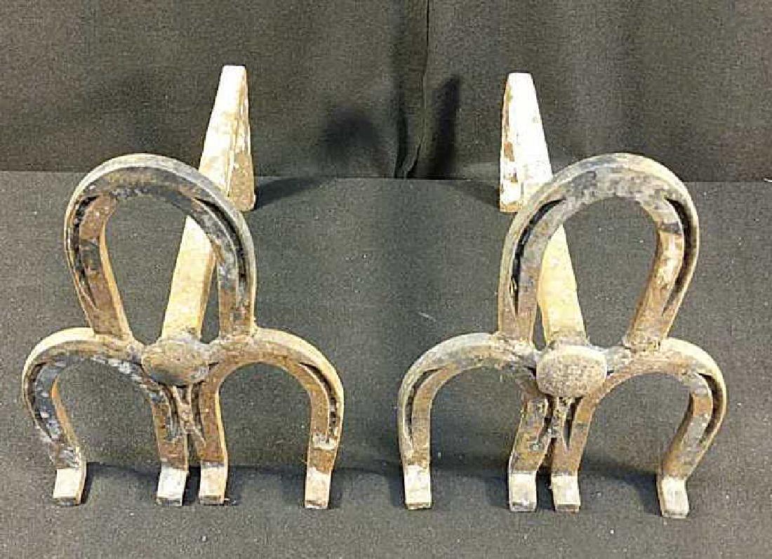 Pair Cast Iron Horse Shoe Dog Irons: One needs repair