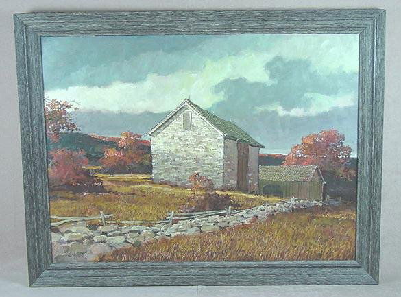 ERIC SLOANE, PAINTING OF LAKEVILLE BARN: Oil on Masonite, 21" X 28 1/2", Autumn scene with stone barn, Stone wall & rail fence, signed: Eric Sloane/ NA , Lower left, American, 1905 - 1985. Excellent late day light effect in this version of S