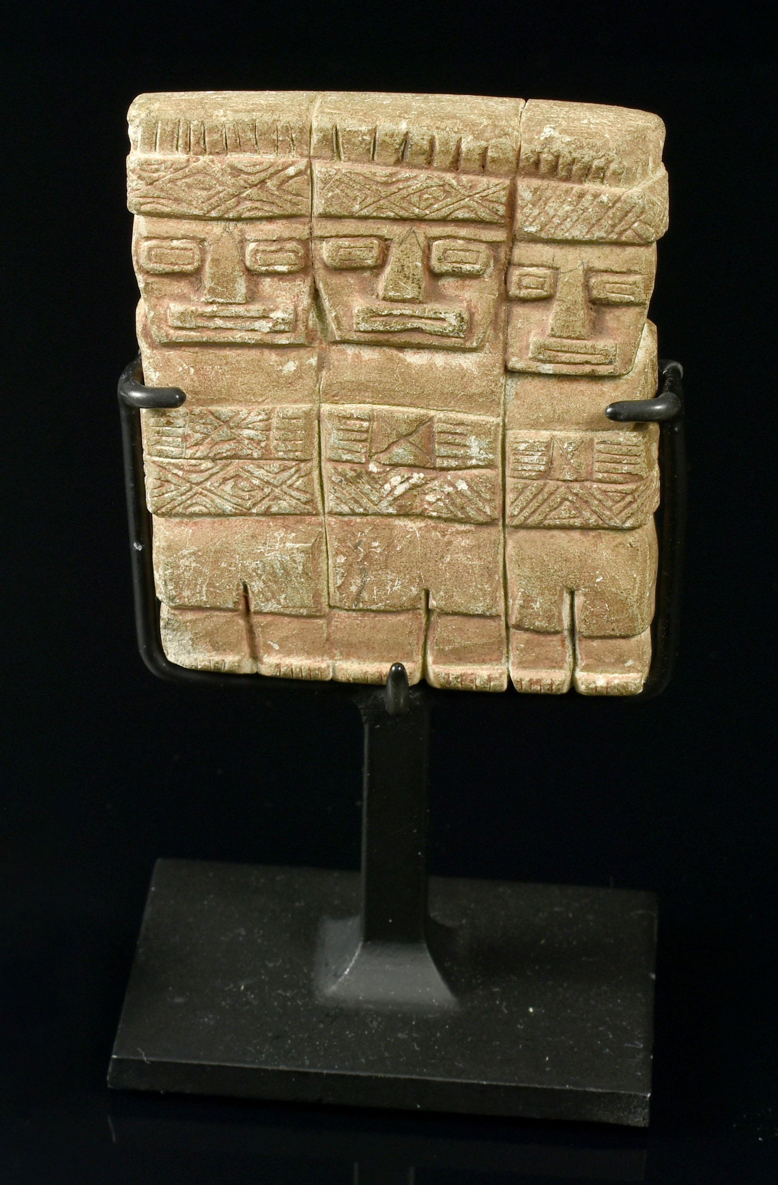 Pre Columbian Tiwanaku Stone Figural Group: Pre Columbian Tiwanaku carved stone figural group from Bolivia circa 400 AD. These figures may represent elite lineage founders and are depicted holding snuff trays. Each figur